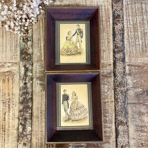 Pair Vintage Stan David 1970s Art Prints Featuring Victorian Couple Wood Frames